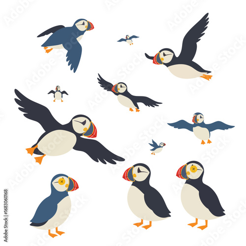A charming collection of illustrated Atlantic puffin seabirds in various flying and standing poses.