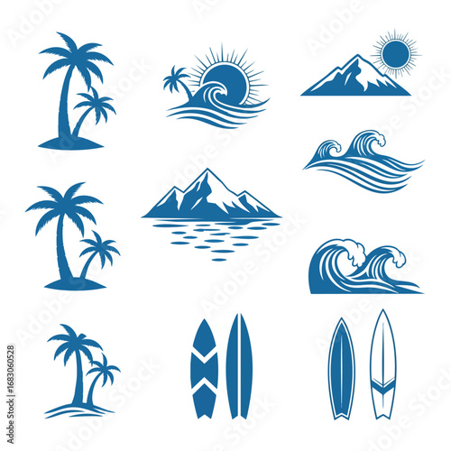 A collection of blue vector icons featuring palm trees ocean waves mountains and surfboards for summer themes.