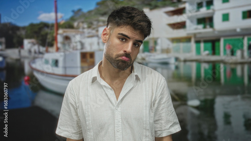 Photos Man in white shirt pouts lower lip beside a wooden boat docked at a sunny port; melancholy introspection