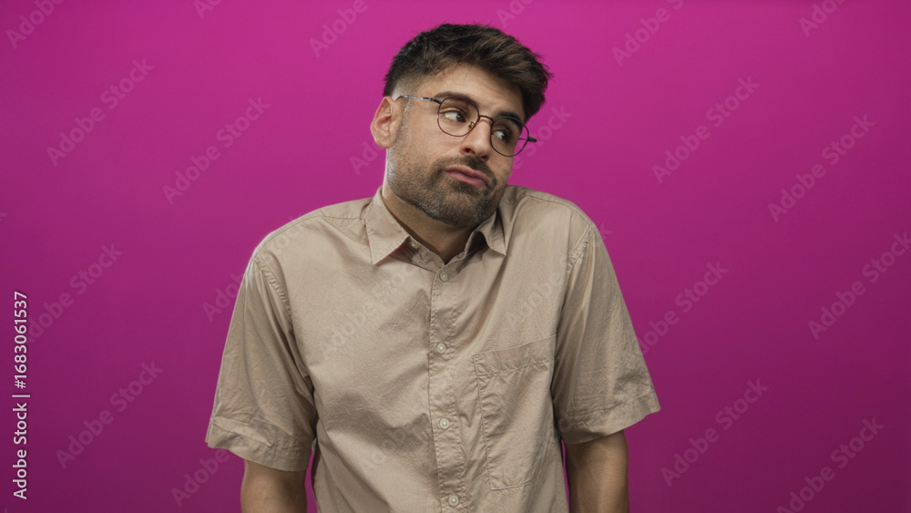 Obraz premium Young hispanic man shrugs shoulders with raised brow and tilted head in bright pink studio; uncertainty.