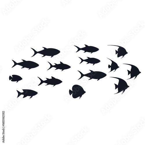 A diverse school of black fish silhouettes including tuna and angelfish swimming together.