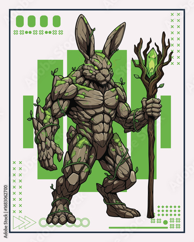 A powerful, muscular anthropomorphic rabbit warrior made of stone and vines, holding a crystal-topped staff.