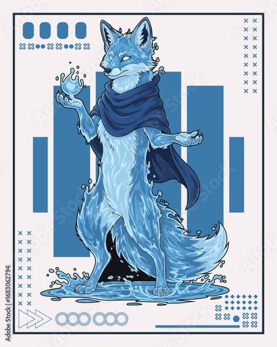 Mystical water fox creature with a blue scarf holding a glowing orb, surrounded by abstract geometric patterns.