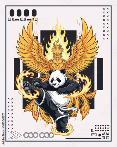 A powerful panda in a martial arts stance, surrounded by flames and a majestic phoenix with outstretched wings.