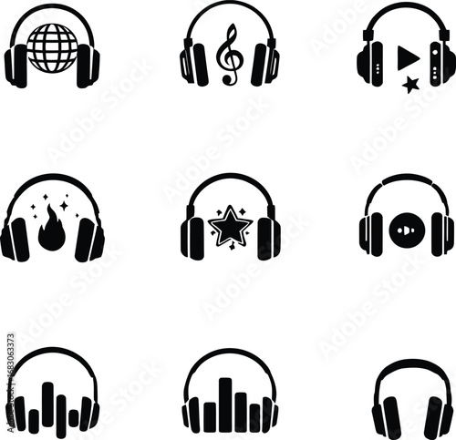 Headphones music audio dj sound studio listening podcast vector icon set collection illustration design