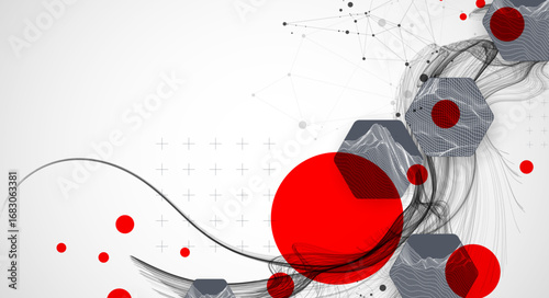 Scientific and technological background. Wave with wireframe  hexagons of different types on a gray gradient.