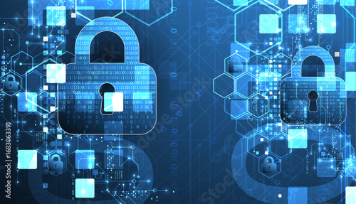 Abstract technological background on the topic of information protection. Various technological elements with padlocks inside which is a digital code.