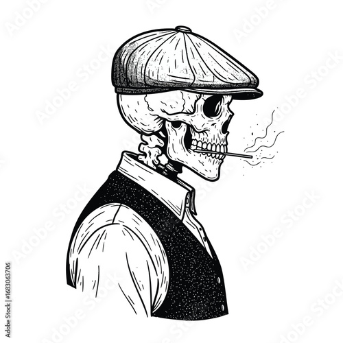 A handdrawn illustration of a skeleton in a vintage flat cap and vest smoking a cigarette.