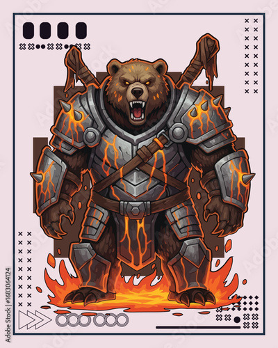 Fierce armored bear warrior standing on flames with glowing lava cracks and weapons.