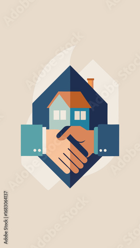 A house is shown with two hands shaking, symbolizing a deal or agreement. Concept of trust and cooperation between the two parties involved