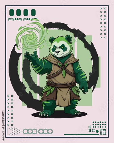 A detailed digital illustration of a green panda character conjuring a magical whirlwind.