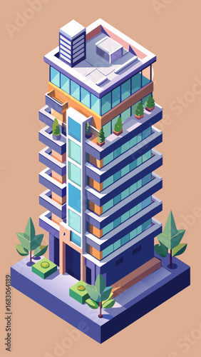 A tall building with a green plant on top. The building is made of concrete and has a lot of windows. The windows are arranged in a way that lets in a lot of natural light