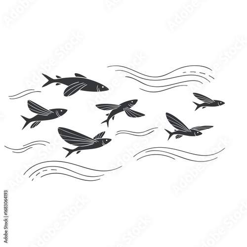 A school of black and white flying fish gliding over stylized ocean waves.
