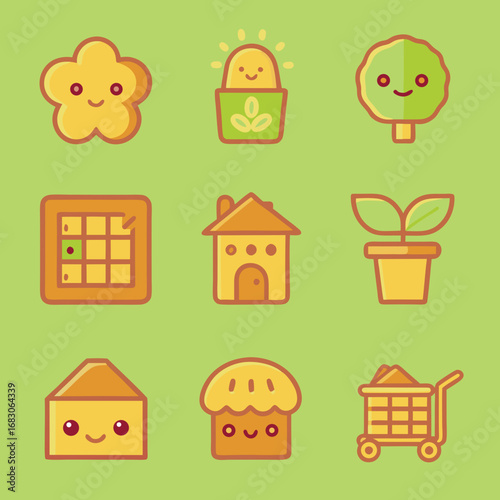 Cute Cartoon Icons of Nature, Home, and Food for a Happy Lifestyle