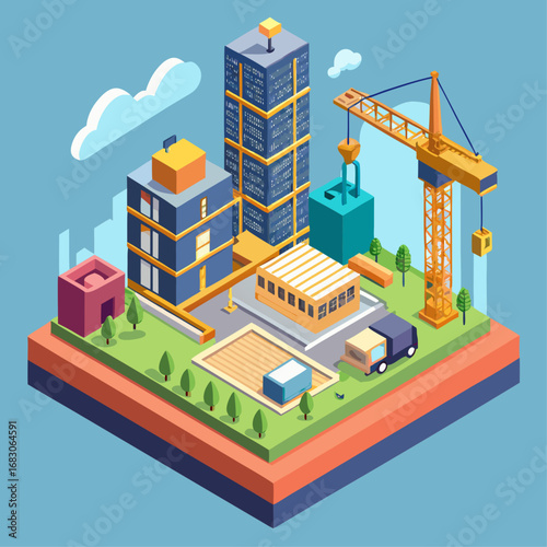 A cityscape with a crane in the background. The buildings are tall and the sky is cloudy