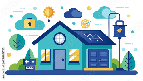 A house with many different icons and symbols surrounding it. The house is green and has a window