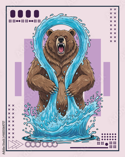 A fierce grizzly bear emerges from a powerful splash of water, framed by abstract geometric patterns.