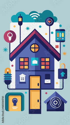 A house with many different icons and symbols surrounding it. The house is green and has a window