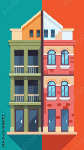 Two houses side by side, one is a modern house with a flat roof and the other is a traditional house with a brick roof
