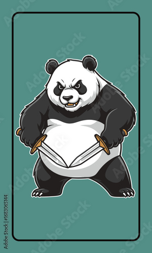 An angry cartoon panda bear dressed as a sumo wrestler holding two swords.