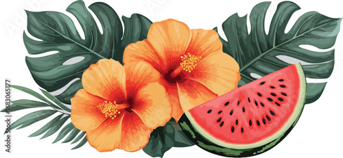 Vibrant watercolor tropical arrangement featuring hibiscus flowers lush green leaves and juicy watermelon slice