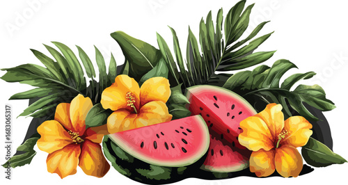 Vibrant tropical arrangement of fresh watermelon slices and yellow hibiscus flowers with green leaves
