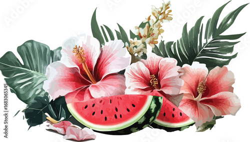 Vibrant tropical arrangement featuring pink hibiscus flowers and juicy watermelon slices