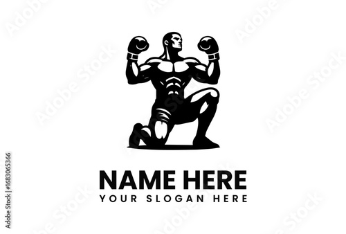 Victorious Boxer Kneeling Silhouette Logo Design.