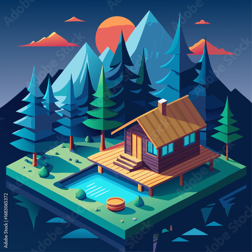 A cabin is on a small island in a lake. The cabin is surrounded by trees and mountains. The cabin is a cozy retreat for those who love nature