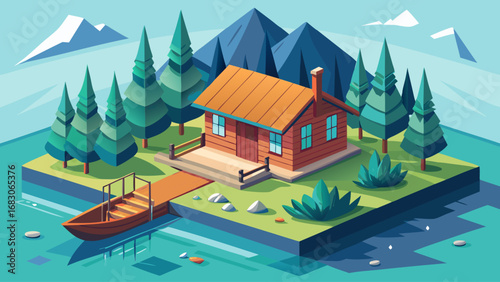 A cabin is on a small island in a lake. The cabin is surrounded by trees and mountains. The cabin is a cozy retreat for those who love nature