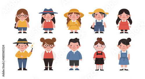 Cute cartoon children in various outfits, perfect for educational resources.