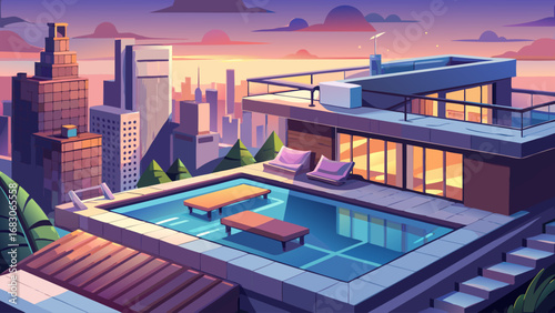 A house with a pool on top of it. The pool is surrounded by a wooden deck and there are several potted plants around the area. The house is located in a city with tall buildings in the background