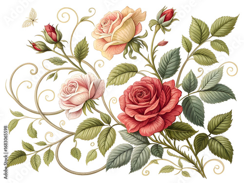 Vintage floral arrangement with roses and vines isolated on a transparent background pink roses red roses