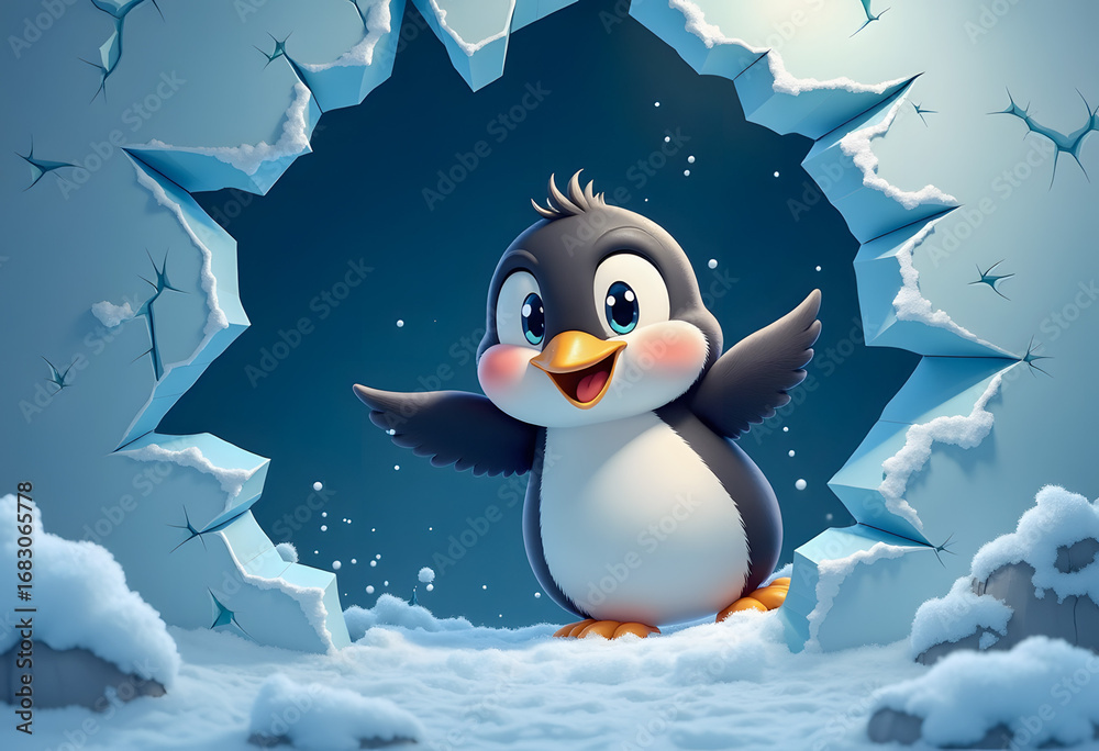Fototapeta premium Cute cartoon penguin emerging from an ice hole, with a joyful expression in a snowy environment