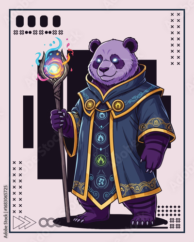An anthropomorphic purple panda wizard wearing an ornate robe and holding a glowing cosmic staff in a fantasy illustration style.