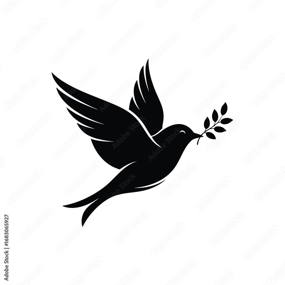 Obraz premium Black silhouette of a flying dove holding an olive branch in its beak a symbol of peace and hope.