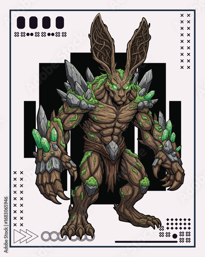 A powerful, anthropomorphic creature with rabbit-like ears, covered in bark and crystals, standing in a powerful stance.