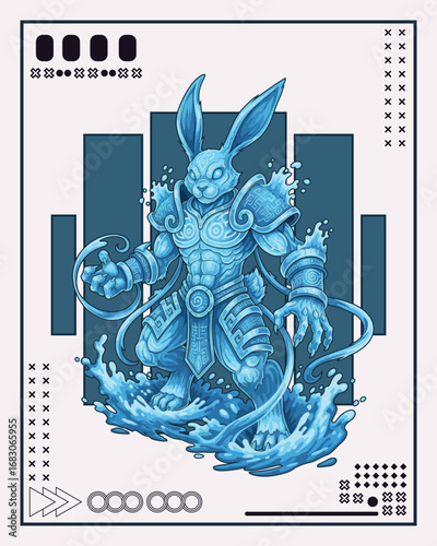 A powerful blue anthropomorphic rabbit warrior, resembling a water deity, stands amidst splashing water with intricate armor and a determined expression, surrounded by abstract geometric patterns.