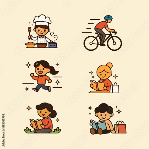 Diverse people engaging in various daily activities, flat design style.