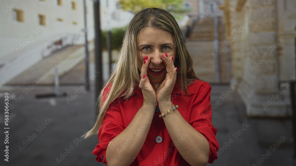 Fototapeta premium Woman with red nails, blonde hair and furrowed brow cups hands to mouth on street by stone building; urgent call.