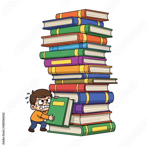 Cartoon boy struggling to add another heavy book to a towering colorful stack of textbooks.