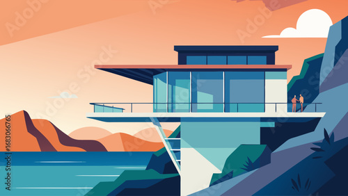 A house with a balcony overlooking a body of water. The house is white and has a modern design. The scene is serene and peaceful, with the water and mountains in the background