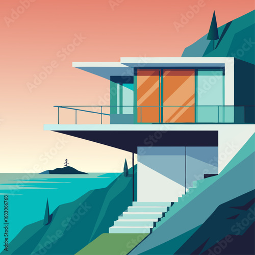 A house with a balcony overlooking a body of water. The house is white and has a modern design. The scene is serene and peaceful, with the water and mountains in the background