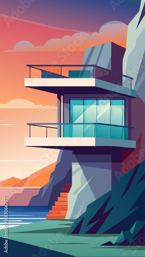 A house with a balcony overlooking a body of water. The house is white and has a modern design. The scene is serene and peaceful, with the water and mountains in the background