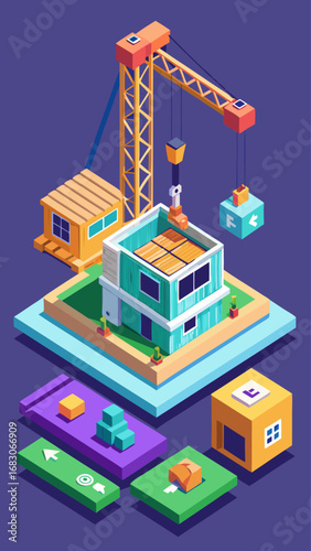 A blue and white cityscape with a yellow building and a crane. The image is a representation of a construction site