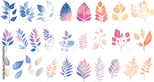 Collection of delicate watercolor painted botanical leaves and branches in a variety of soft pastel colors