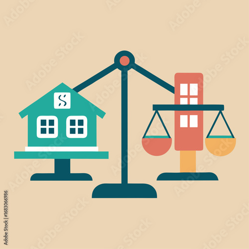A scale with a house on one side and a building on the other. The house is labeled with the word "Sell" and the building is labeled with the word "Buy"