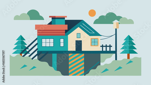 A house with a chimney and a lightning bolt in the sky. The house is surrounded by trees and buildings