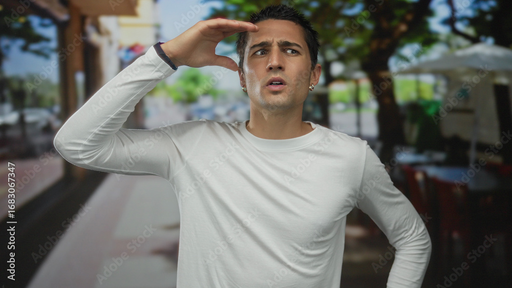 Obraz premium Man wearing smartwatch raising hand to forehead and squinting under bright sunlight on street; concern.