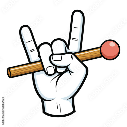 Illustrated rock horns hand gesture holding a single wooden drumstick with a red tip.